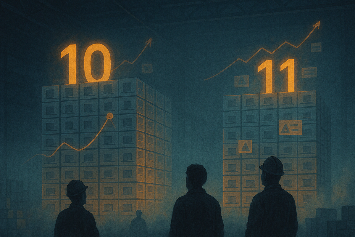 Moody warehouse filled with towering crates of consoles—giant glowing 10 and 11 numbers sitting on each stack, upward trend lines drifting into the fog, workers staring up in awe—forecasting which day will secretly hide more Switch2 stock
