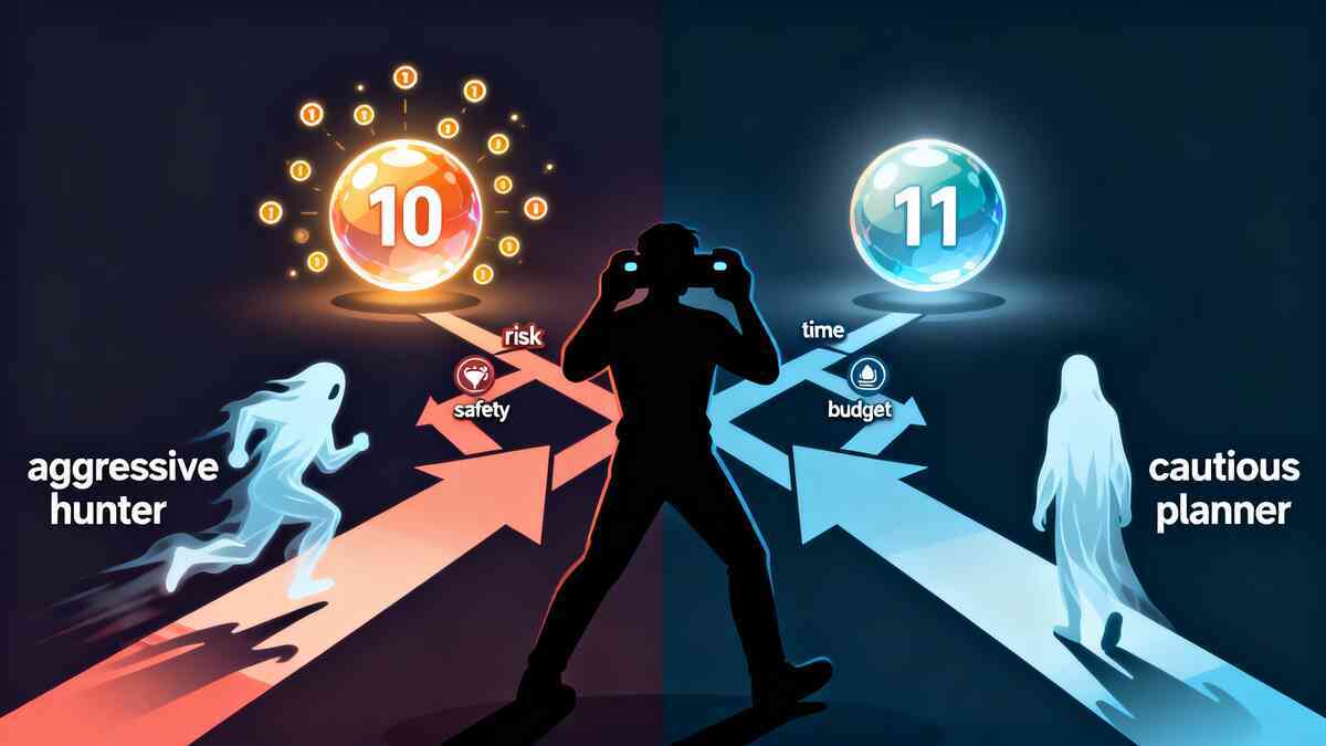 Stylized decision crossroads—central gamer silhouette holding a controller while an “aggressive hunter” spirit sprints toward a fiery 10 orb and a “cautious planner” spirit walks toward a cool 11 orb—paths labeled with risk, safety, time and budget—emotional personality test for choosing your perfect Switch2 purchase day