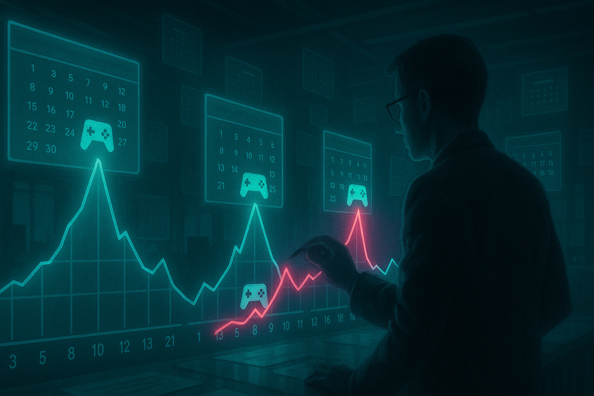 Data analyst tracing neon peaks on giant hologram charts—calendar grids filled with controller icons, bright spikes on final sale days—cold, obsessive brain of a gamer decoding past Super Sale endings to predict the next Switch2 ambush