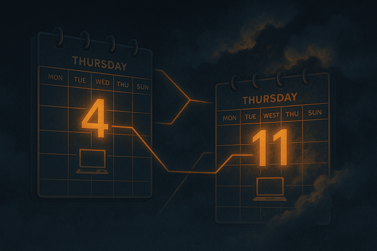 Two glowing Thursday calendars in stormy darkness—one marked 4, the other 11—linked by fiery lines and tiny laptop icons—mysterious Thursday-to-Thursday pattern hinting that a second Switch2 drop on the 11th is no coincidence, almost fated