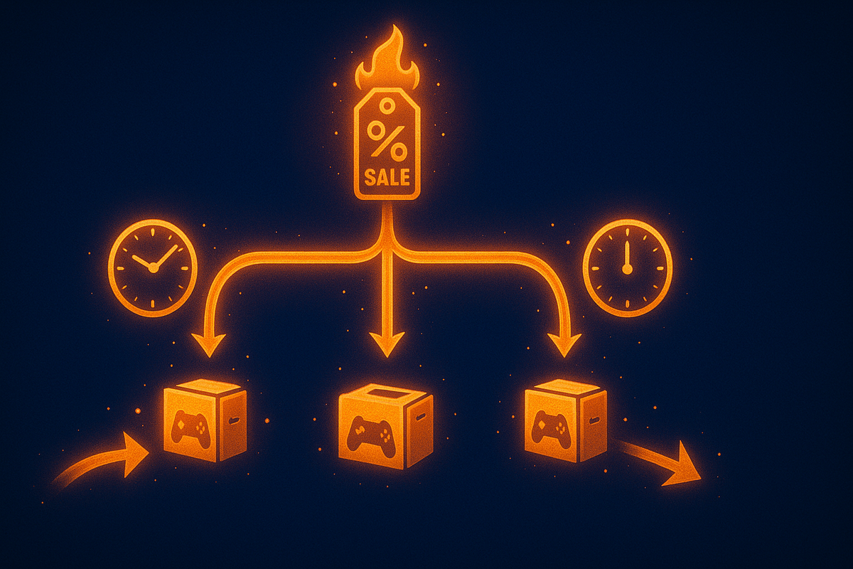 Burning SALE tag icon at the top feeding three bright arrows into console boxes along a glowing timeline—clocks on each side for evening, midnight, and closing minutes—visualizing three special last-day patterns where Switch2 stock suddenly appears