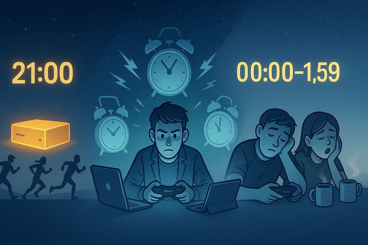 Comic-style night grind—on the left 21:00 with runners sprinting toward a glowing console, in the center a laser-focused gamer surrounded by blaring alarm clocks, on the right 00:00–1:59 with sleepy friends clutching mugs—brutal but thrilling schedule to chase both Switch2 drops