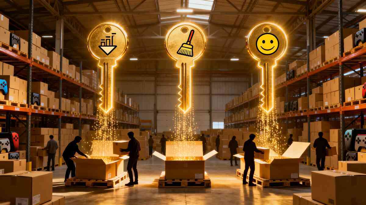 Huge game-console warehouse bathed in warm light—three gigantic golden keys descend into open pallets, marked by a graph arrow, broom, and smiley face—magical moment when price pressure, inventory cleanup, and customer happiness unlock a massive last-day Switch2 stock dump