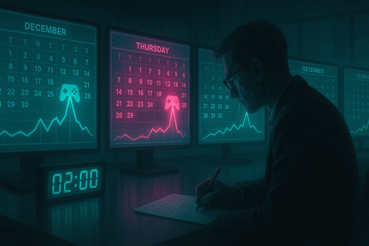 Sleep-deprived analyst at 2:00 a.m. leaning over a desk, surrounded by multiple monitors showing December calendars and stock graphs—Thursday columns glowing hot pink with controller icons and towering spikes—quiet, obsessive energy of someone discovering that Thursday Switch2 drops are no longer a fluke but a pattern