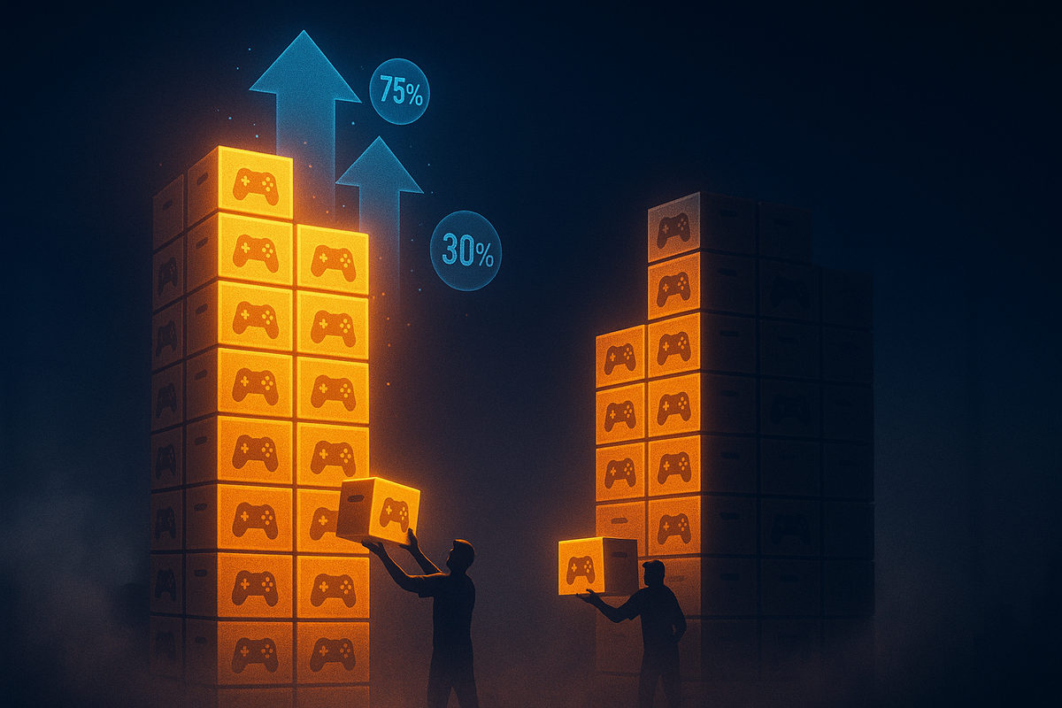 Foggy warehouse filled with towering stacks of console boxes—left side rising dramatically higher with bright 75% arrow, right side smaller with 30% arrow—workers lifting glowing cartons, cinematic lighting showing how Thursday stock quietly dwarfs Friday supply for Switch2 hunters