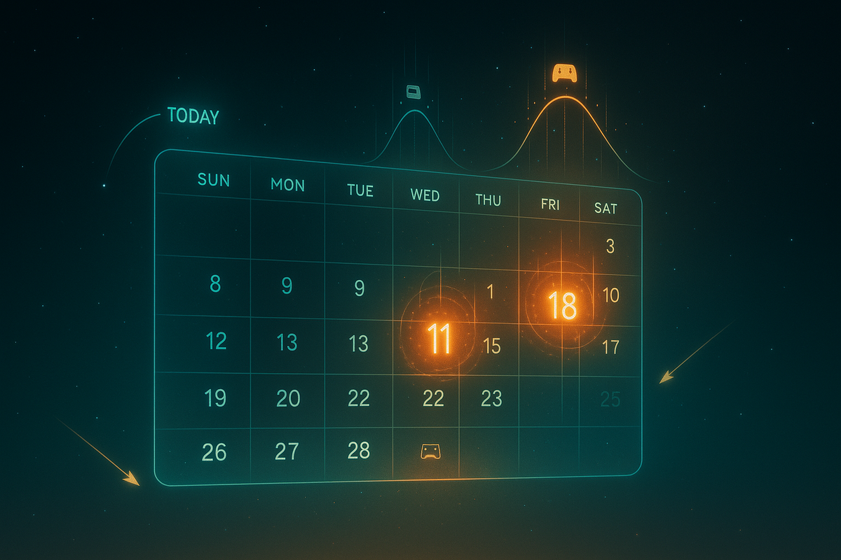 Futuristic December calendar floating in the night sky—days 11 and 18 burning like twin orange suns, smooth probability waves with tiny controller icons cresting above Thursday and Friday—hopeful, predictive graphic spotlighting the strongest candidate dates for the next Rakuten Switch2 ambush