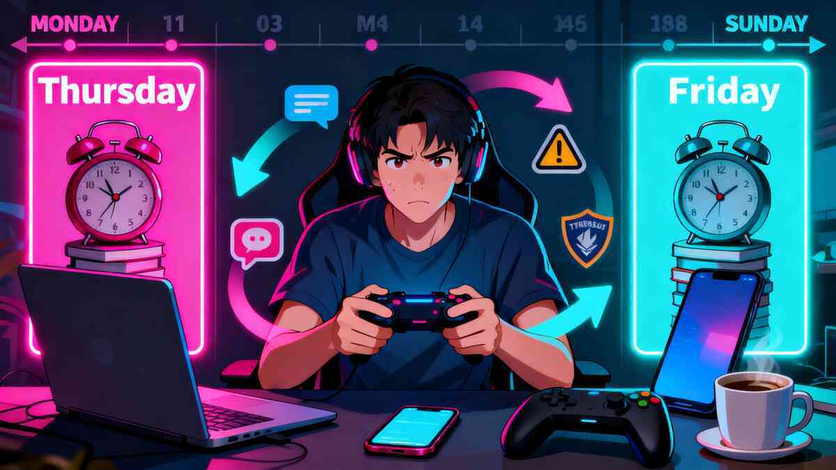 Focused gamer in a neon-lit battlestation, gripping a controller between two giant glowing panels—Thursday on the left, Friday on the right—alarm clocks, chat bubbles, warning icons, phones, laptops and a steaming coffee looped together by arrows—intense weekly routine of a serious Switch2 hunter guarding both nights