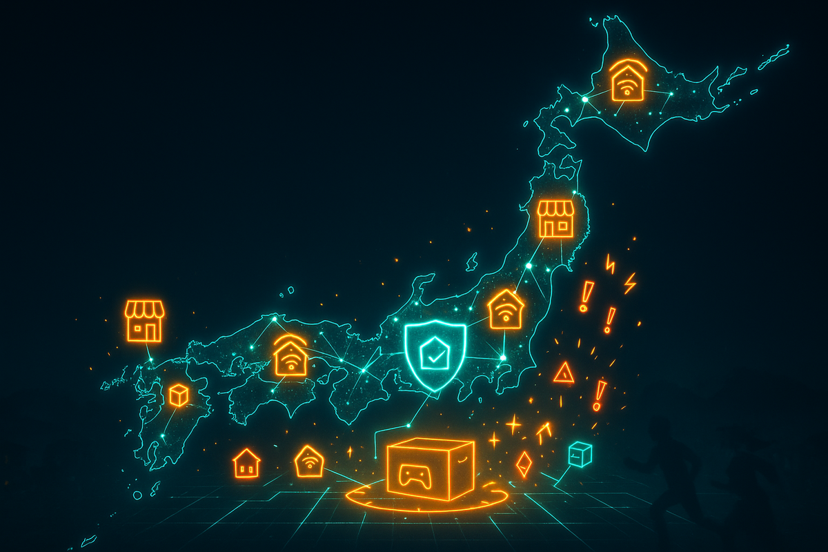 Neon Japan map at night with glowing home, store, shield, and package icons all linked to a single console box—complete alternative purchase routes, nationwide network, thrilling treasure-hunt mood