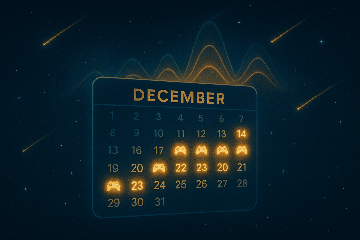 Starry December calendar in deep space with multiple golden gamepad icons lighting up specific days—mid to late-month guerrilla sale forecast, shooting-star luck, quietly optimistic schedule vibes