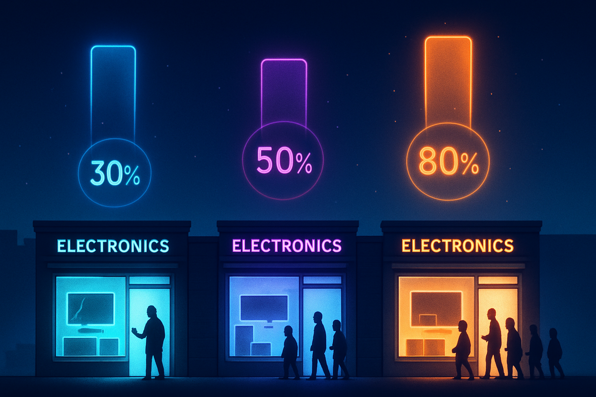Three stylized electronics stores at night with giant 30% 50% 80% glowing gauges floating above them—Yodobashi, Bic Camera, GEO style success-rate comparison, crowds drifting toward the hottest chance