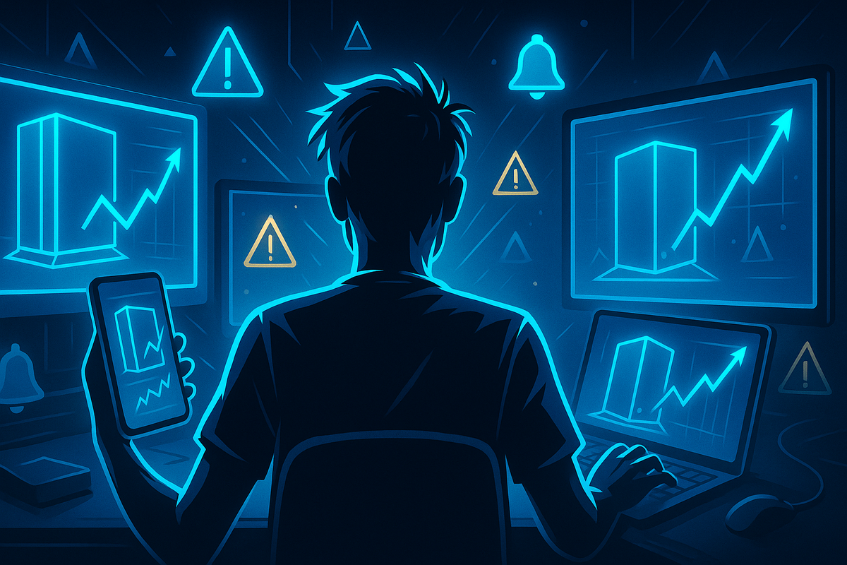 Back view of determined gamer surrounded by glowing monitors and a smartphone, all showing consoles with soaring graphs and alert icons—multi-device guerrilla sale monitoring, intense focus, adrenaline-charged preparation