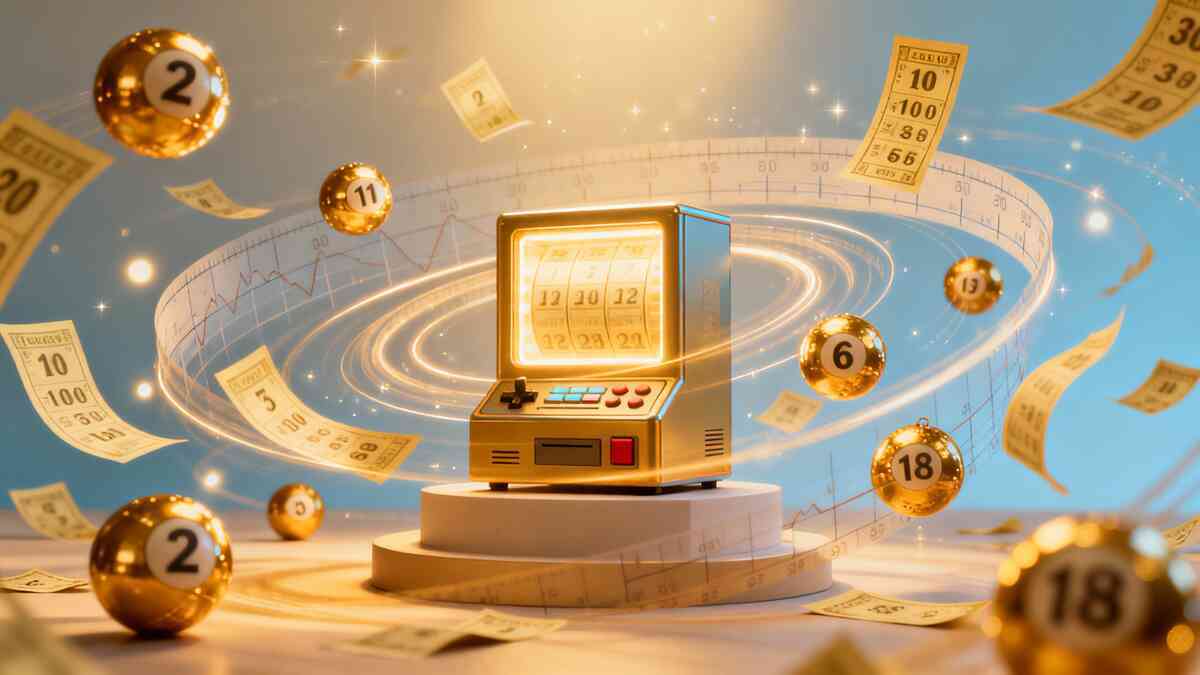 Golden retro game machine on a pedestal with swirling lottery balls and numbered tickets orbiting like a galaxy—抽選販売 luck, probability magic, dazzling hope of finally winning a Switch2