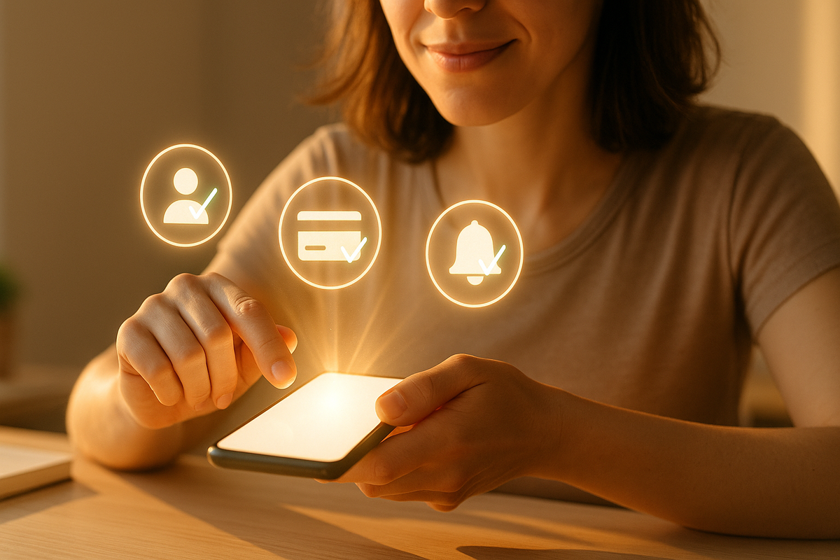 Smiling woman calmly tapping her phone with glowing icons for account, credit card, and notifications all checked—peaceful three-step prep for Rakuten Switch2 flash sale, cozy golden light, quiet confidence and readiness  