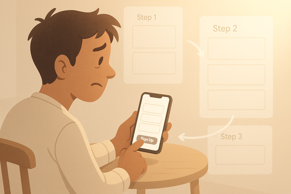 Worried cartoon newcomer holding a smartphone sign-up screen while “Step 1 → Step 2 → Step 3” panels float around—gentle hand-holding guide to Rakuten membership registration, soft morning glow, anxious but hopeful mood  