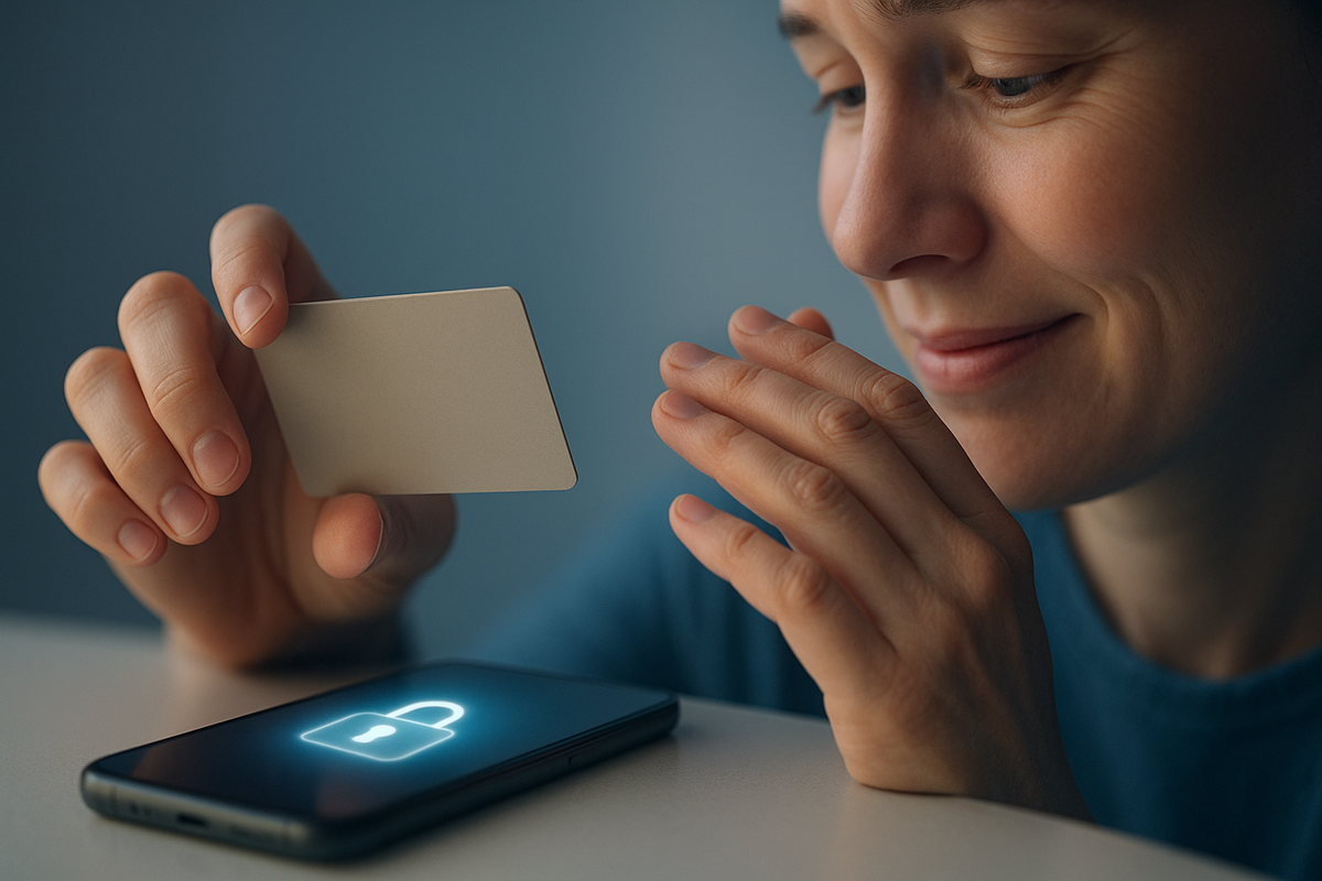 Close-up of a woman softly smiling as she holds a plain card above a smartphone with a glowing lock icon—secure credit-card registration for Rakuten Switch2 purchase, fear melting into trust, safe and reassuring atmosphere  