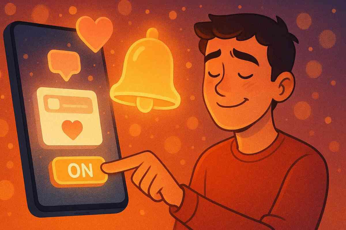 Relaxed cartoon user pressing a bright “ON” button on a huge smartphone while heart and bell icons float in warm light—turning on favorites and push notifications for Rakuten Switch2 restock alerts, cozy optimism, quiet satisfaction  