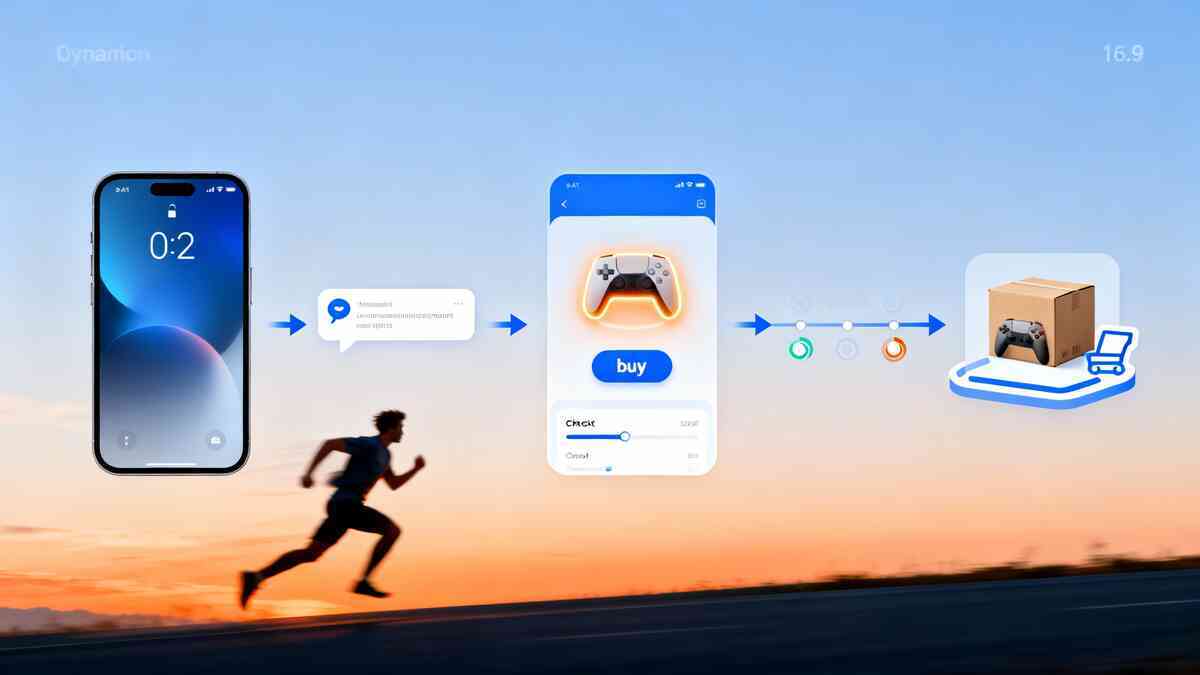 Dynamic left-to-right flow: early-morning phone lock screen, message pop-up, glowing “buy” button with game controller, checkout steps, and final delivery box as a runner sprints underneath—full Rakuten Switch2 guerrilla sale journey, fast action, exhilarating race against time  