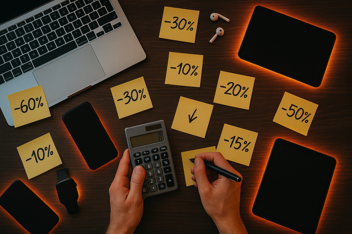 Top-down desk view with laptop, smartphone, tablet, smartwatch and many yellow sticky notes showing -10% to -60% discounts, hands gripping calculator and pen—intense, focused moment of calculating the smartest tech deals and hidden savings