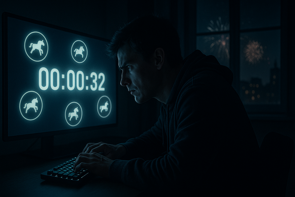 Young man in a dark room leaning into his keyboard, face lit only by a monitor showing a 00:00:32 countdown and horse icons, New Year fireworks glowing faintly outside—high-tension last seconds before a limited-edition lucky charm deal disappears