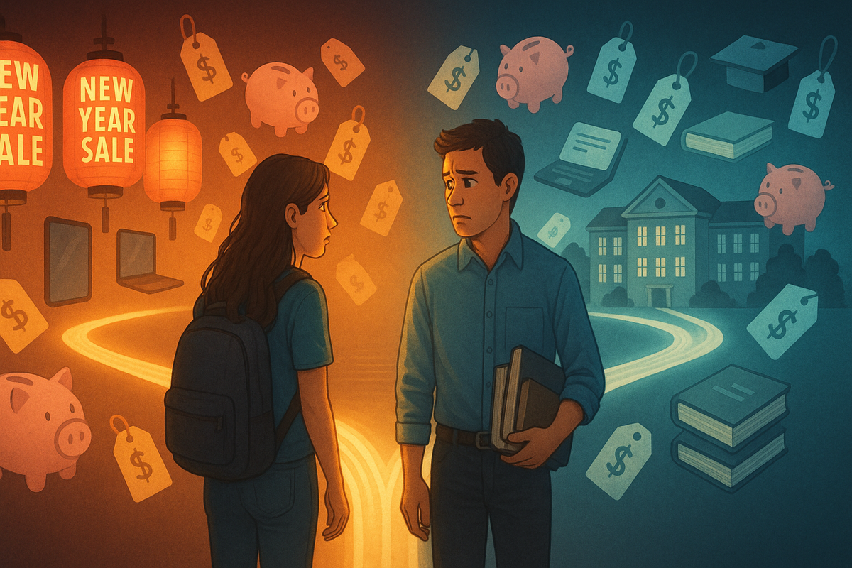 Emotional crossroads: student girl and young man standing where a warm New Year sale road lined with lanterns and laptops meets a cool path toward a university building, piggy banks and price tags floating around—visual dilemma of choosing instant tech bargains or long-term education savings