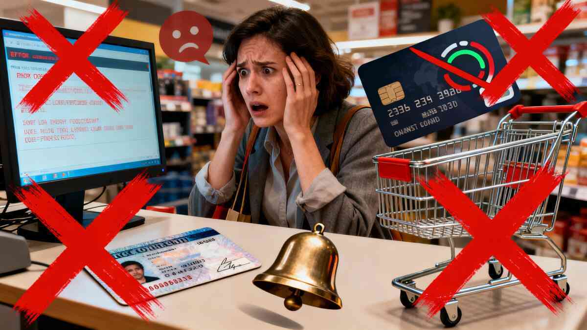 Panicked woman at a store counter clutching her head as payment fails, computer screen, credit card and shopping cart crossed out with big red X marks—stressful warning scene about checkout errors, missing ID, declined cards and what not to do during a busy sale