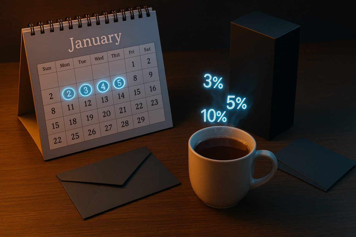January desk calendar with the 2nd–5th circled in neon blue beside a steaming coffee cup, percentage numbers 3% 5% 10% rising like magic steam, unopened smartphone box and envelopes nearby—calm but excited countdown to limited-time New Year iPhone bonus days