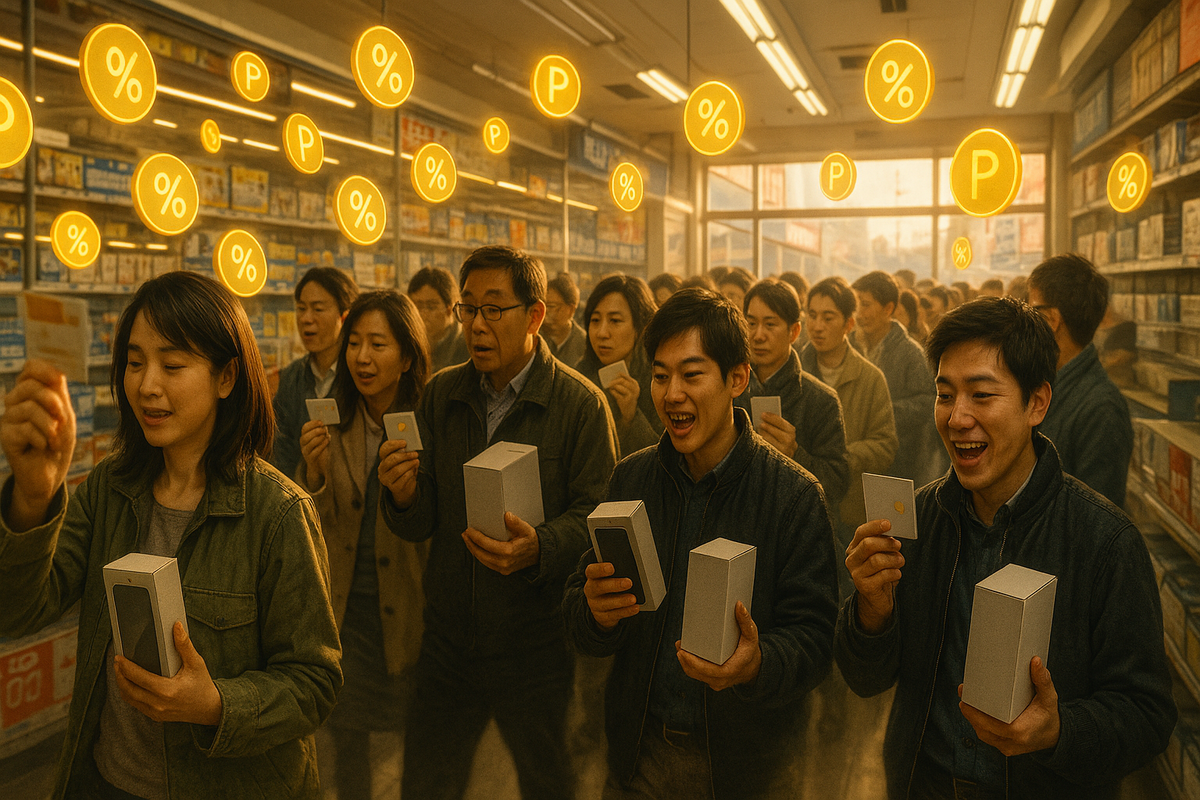 Crowd of joyful shoppers in a bright electronics store, each holding generic smartphone boxes and point cards while glowing yellow percent and P icons float above their heads—festive sunrise rush for loyalty points and New Year phone deals, buzzing communal happiness