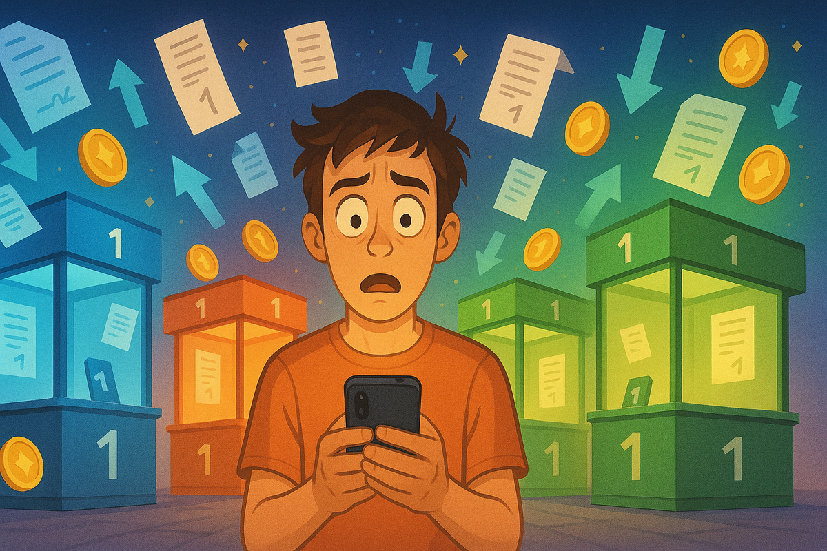 Cartoon boy clutching his phone with a panicked face, surrounded by colorful booths marked “1” and raining documents, arrows and gold coins—overwhelmed yet hopeful confusion about which “1-yen” carrier plan or upgrade program is truly the smartest choice