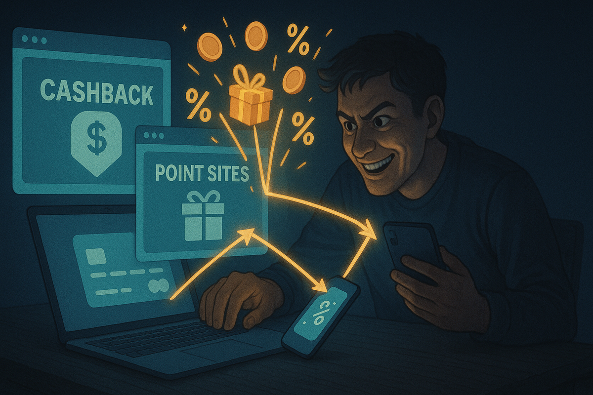 Dark-room mastermind leaning over laptop and two phones, eyes sparkling with mischievous delight as glowing cashback and point-site windows connect via arrows to his device, coins, percentages and gift box exploding upward—secret late-night strategy to stack rewards and squeeze every last yen of savings