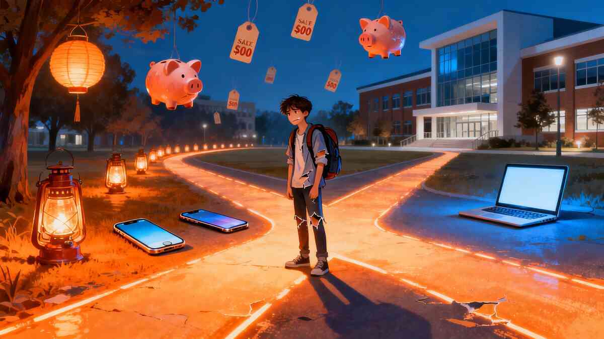 Anime-style student standing alone at a glowing crossroads on campus at night, sale lanterns, floating piggy banks and price tags above one path lined with smartphones, the other leading toward a quiet school building and laptop—bittersweet emotional choice between instant gadget bargains and long-term education investment