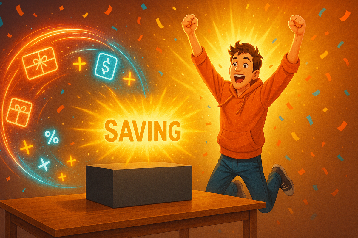 Cartoon student in an orange hoodie leaping for joy beside a glowing box as gift-card icons, % symbols and the word SAVING explode in golden light—pure celebration of stacking Apple education discount plus bonus promos for a huge win