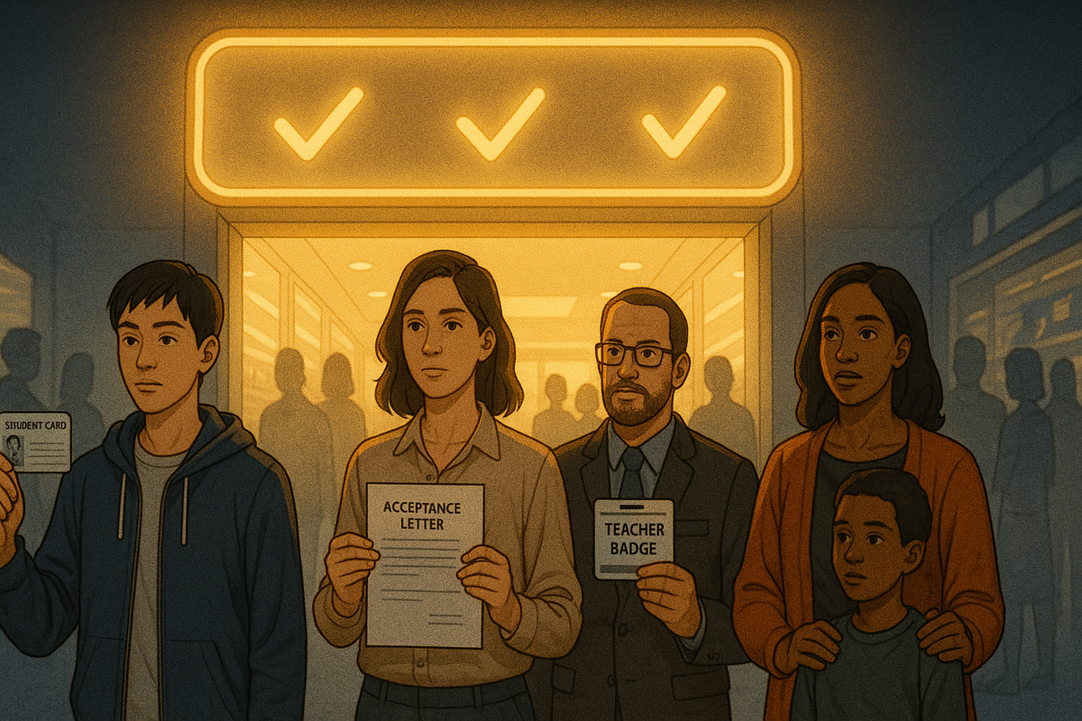 Line of students, parents and a teacher standing under a bright entrance sign with three checkmarks, proudly holding a student card, acceptance letter and teacher badge—emotional “am I eligible?” answer for who can actually use the Apple student discount