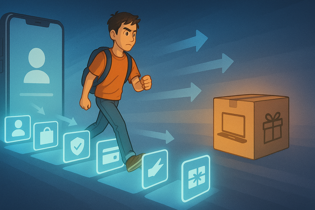 Determined student with backpack marching along five glowing tiles—account, shopping bag, verification shield, card, arrow—toward a gift-marked laptop box, arrows pushing him forward—clear step-by-step journey for completing an Apple education store purchase