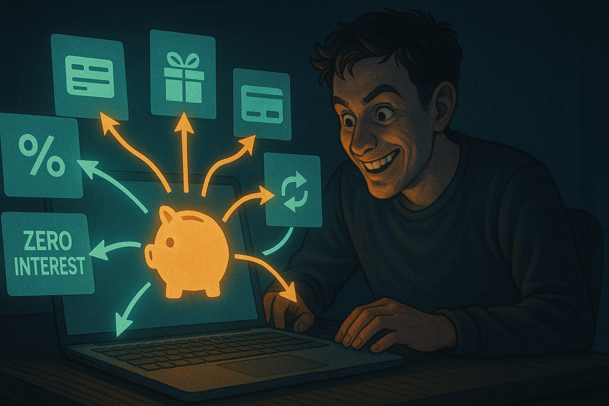 Late-night scene of an excited saver staring at a laptop as a glowing piggy bank appears on screen, arrows shooting in from zero-interest, discount, gift card and trade-in icons—greedy but happy feeling of combining every Apple student hack into one massive saving