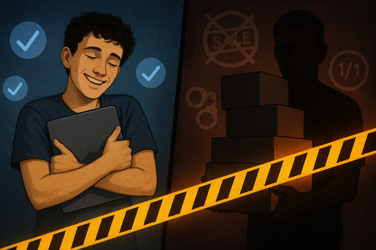 Dramatic split image: left side a relaxed student hugging his new laptop with soft blue checkmarks floating around, right side a shadowy figure carrying stacked boxes behind warning tape, handcuff and no-resale symbols—emotional contrast between safe Apple student use and risky forbidden reselling