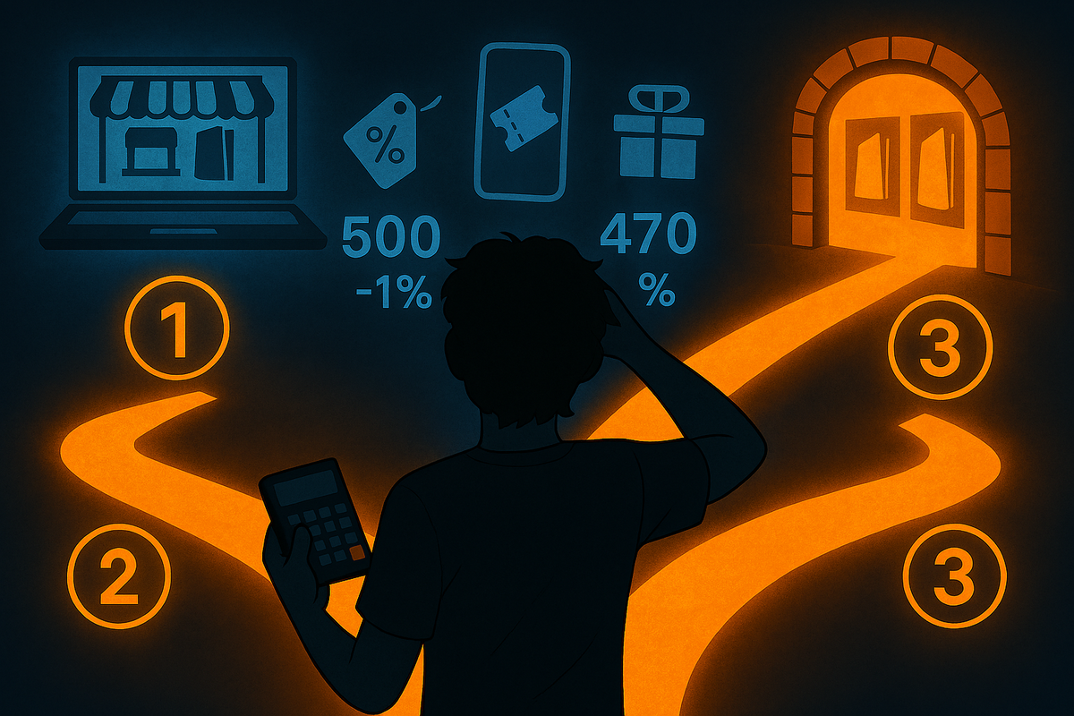 Silhouette gamer holding a calculator at a glowing three-way crossroads—one path toward a laptop shop, another toward coupon and ticket icons, the last toward a bright store entrance—overwhelmed but determined to choose the smartest way to buy a next-gen console