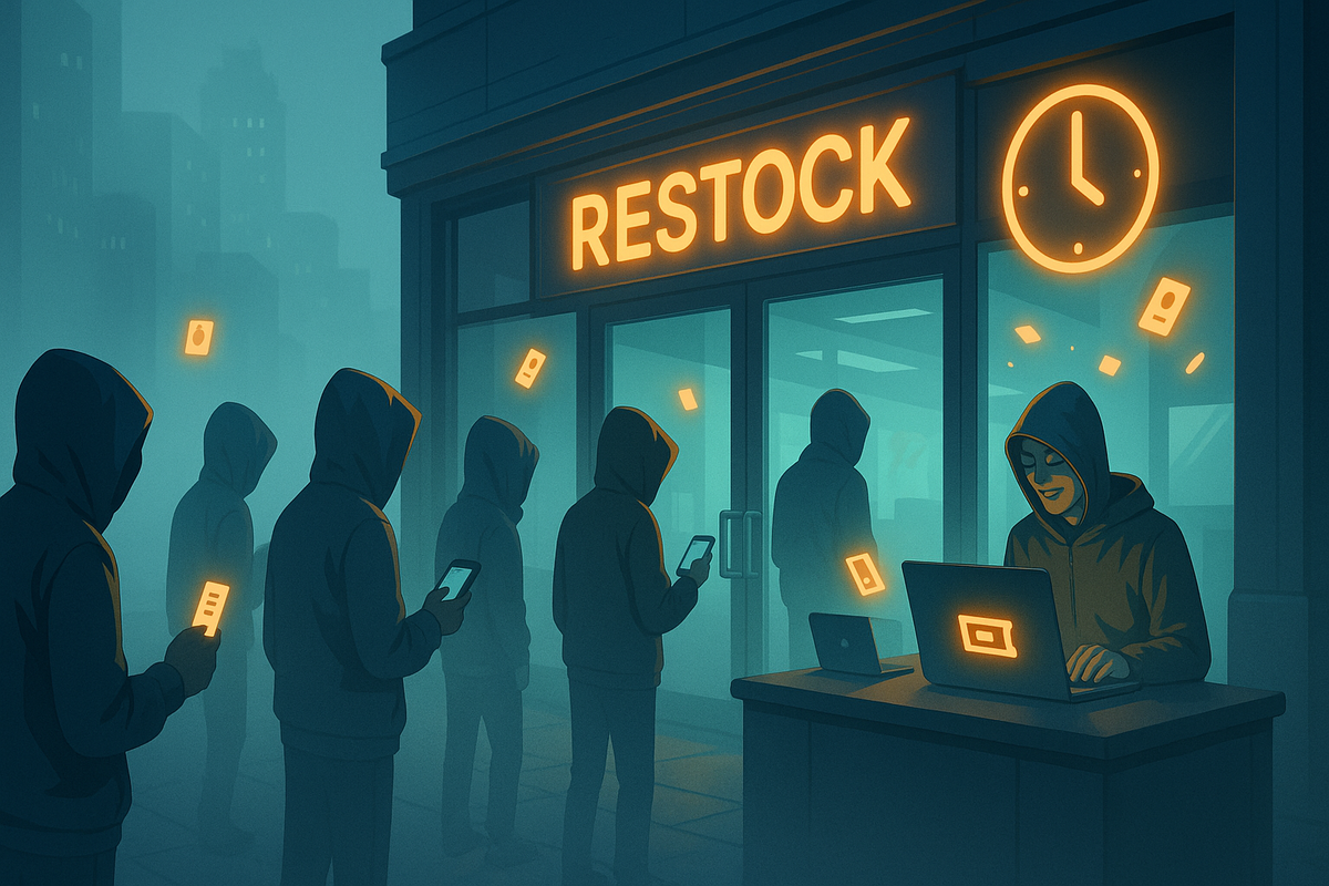 Moody city night in front of a store with a huge glowing “RESTOCK” sign and clock icon—hooded figures lined up clutching their phones while one tech-savvy hunter hunches over a laptop—secretive, cyber-noir vibe of chasing limited console drops before anyone else