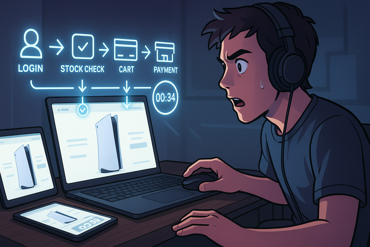 Headphoned gamer sweating in front of multiple screens all showing a white next-gen console, above them a blazing flowchart—login → stock check → cart → payment—with a brutal countdown timer ticking down, frantic last-second online purchase battle energy