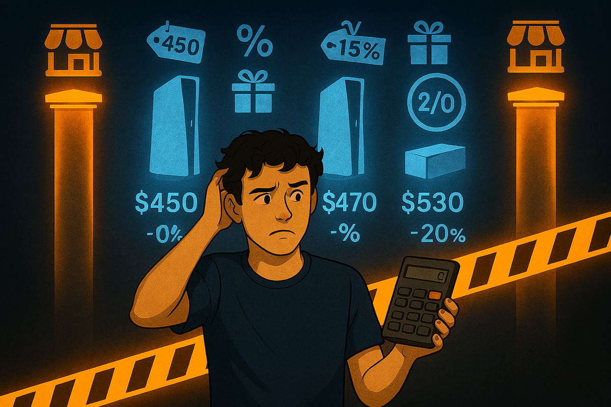 Worried shopper with a calculator standing between glowing store pillars, behind him three console price options with different discounts, gifts and bundles floating in the air—confused but desperate struggle to compare real total cost and avoid a bad deal