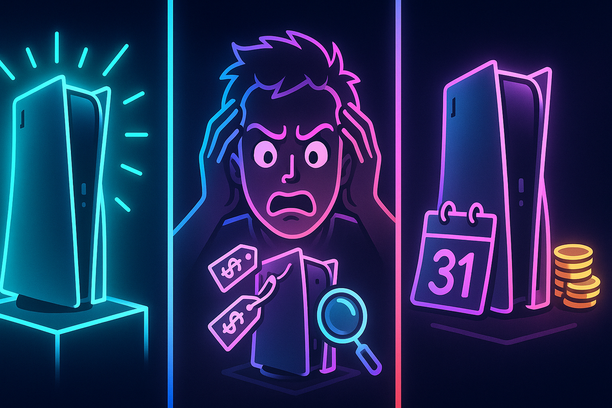 Neon triptych of PS5-style console, panicked gamer with floating price tags, and console beside calendar and coins—emotional guide to PS5 prices, stock anxiety, and timing tricks for buying at GEO