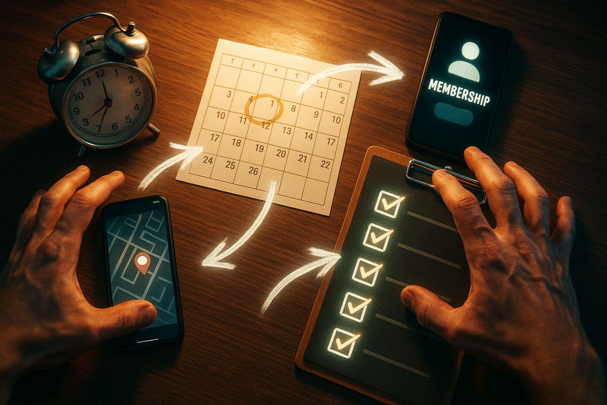 Top-down desk shot with alarm clock, circled calendar date, map app, membership smartphone, and glowing checklist linked by arrows—intense PS5 GEO shopping strategy, step-by-step preparation energy