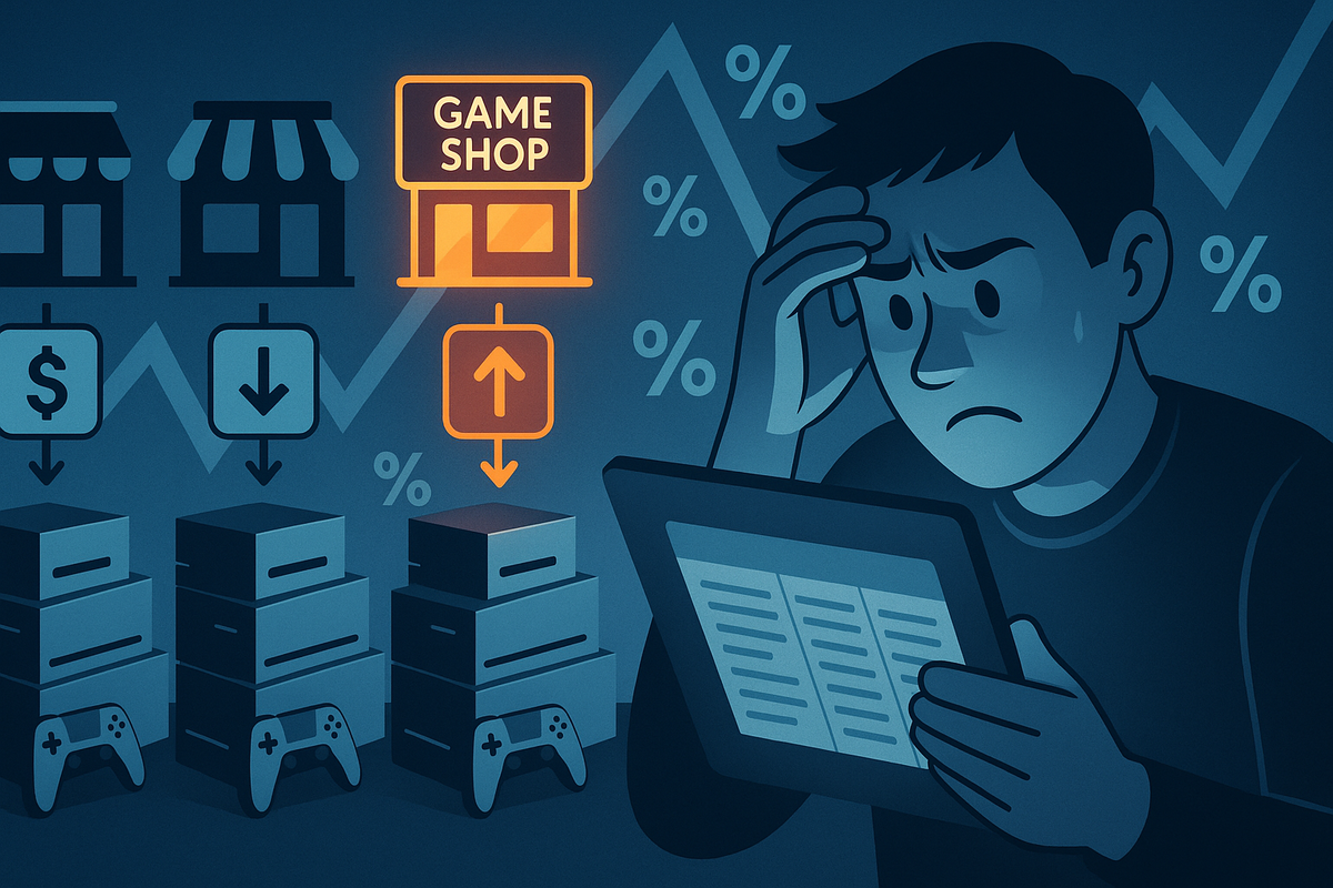 Worried gamer studying a tablet in front of stacked consoles and store icons, one game shop glowing brighter—emotional GEO vs other retailers PS5 price comparison, confusion turning into smart choice