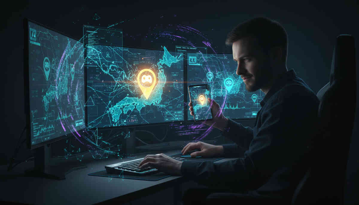 Nighttime command center with multiple monitors showing a digital map of Japan and glowing game-location pins, gamer scanning screens and smartphone—high-tech PS5 stock tracking at GEO, stealth hunter mood