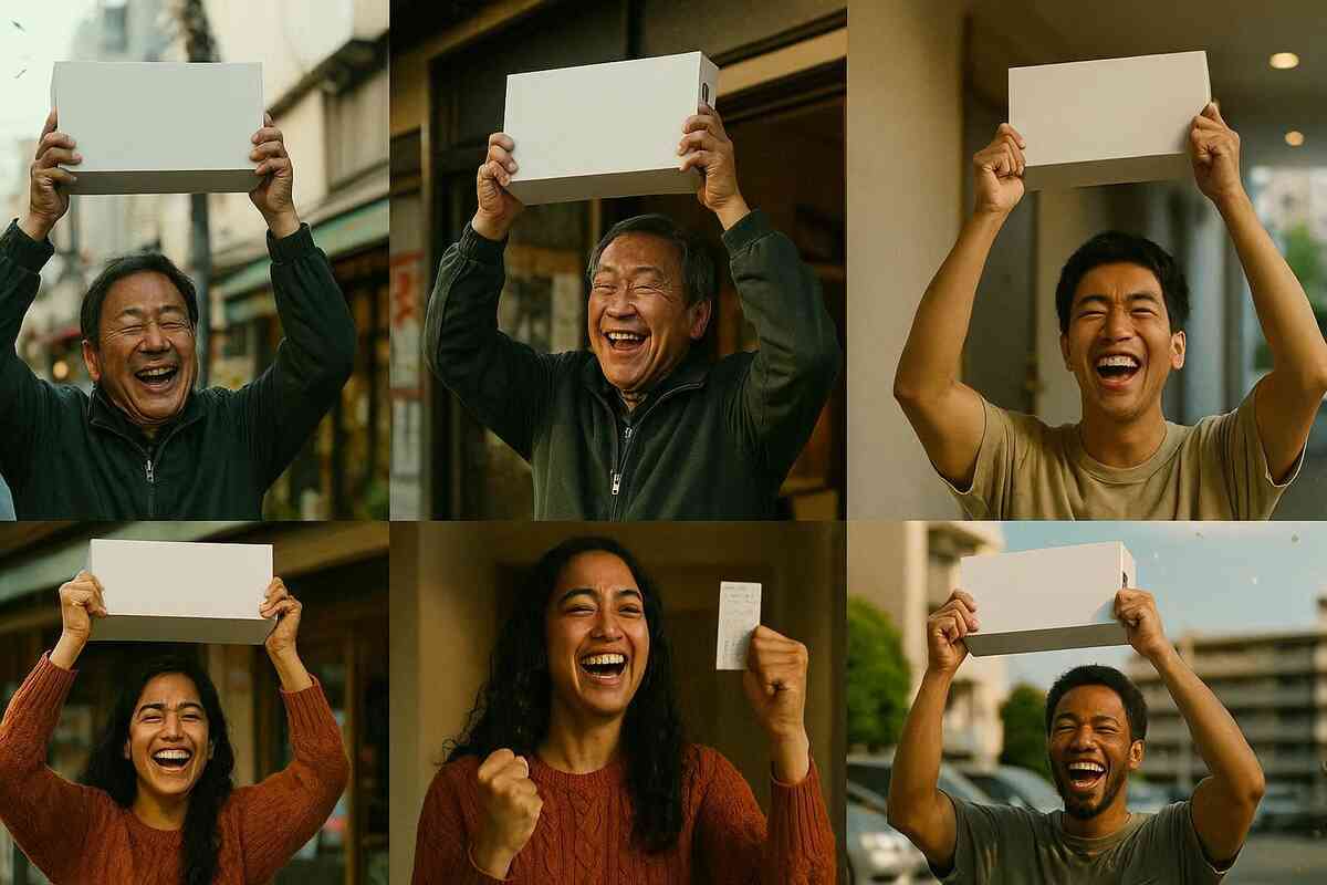 Six-photo collage of diverse happy people outdoors, raising plain console boxes and waving receipts—real-world PS5 winners at GEO, shared excitement, relief, and triumphant unboxing anticipation
