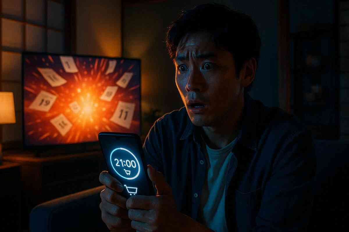 Shocked man in a dark Japanese living room clutching his smartphone, screen glowing “21:00” with a tiny cart icon, TV behind him exploding with calendar pages—sudden realization that tonight’s Rakuten Books Switch2 flash sale is the last, heart-pounding FOMO and urgency