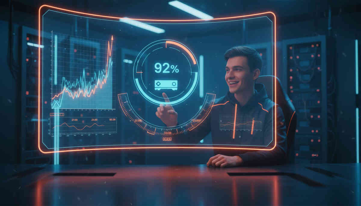 Smiling data-obsessed gamer in a futuristic control room, pointing at a giant holographic dashboard with a blazing 92% gauge and spiky graphs—cold hard stats proving tonight’s Switch2 drop probability, thrilling confidence and analytic hype