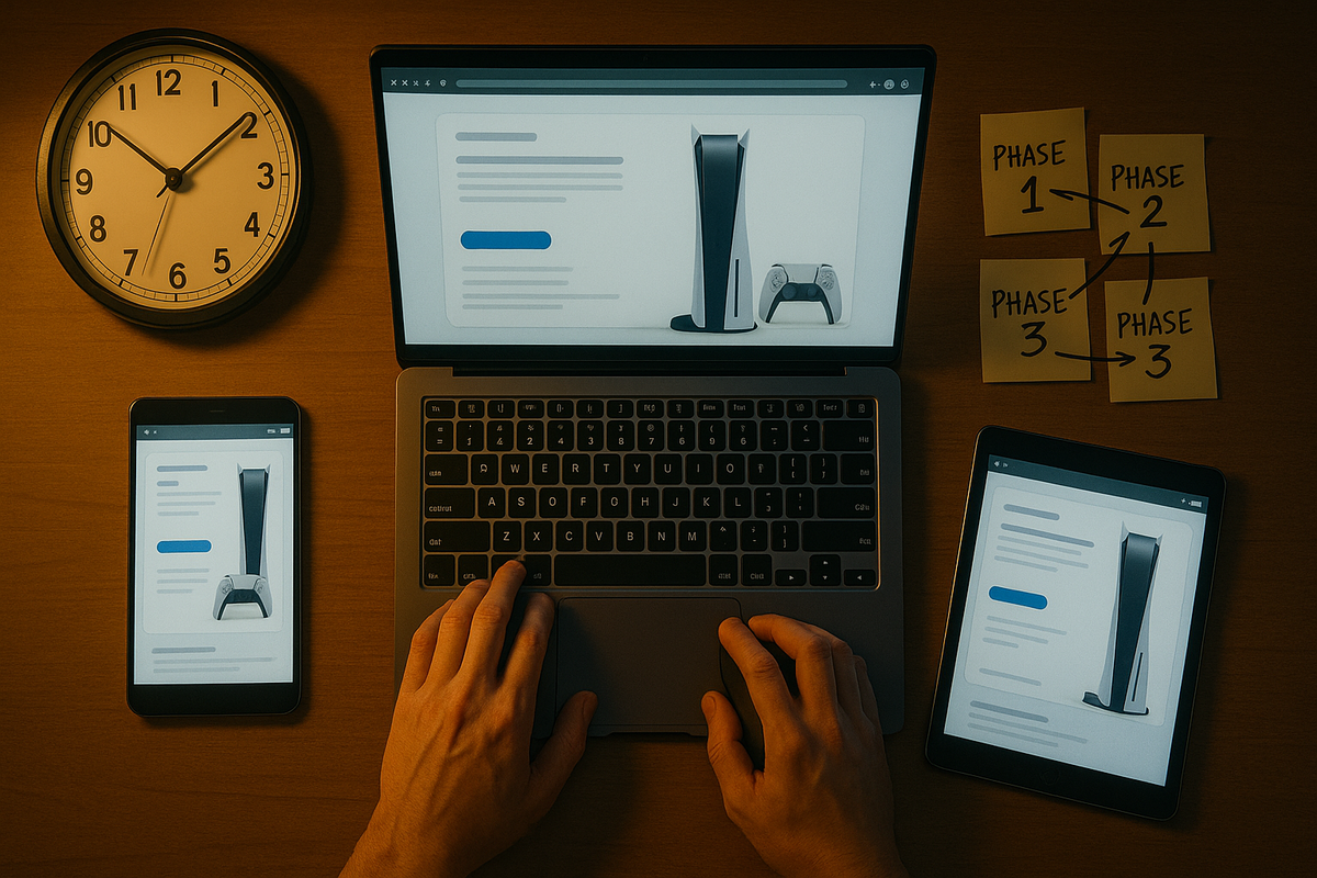 Top-down desk shot with laptop, smartphone, and tablet all open on a console product page, big wall clock near 21:00, sticky notes marked PHASE 1→2→3, focused hands on the keyboard—three-stage Switch2 battle plan, calm before the storm and intense preparation energy
