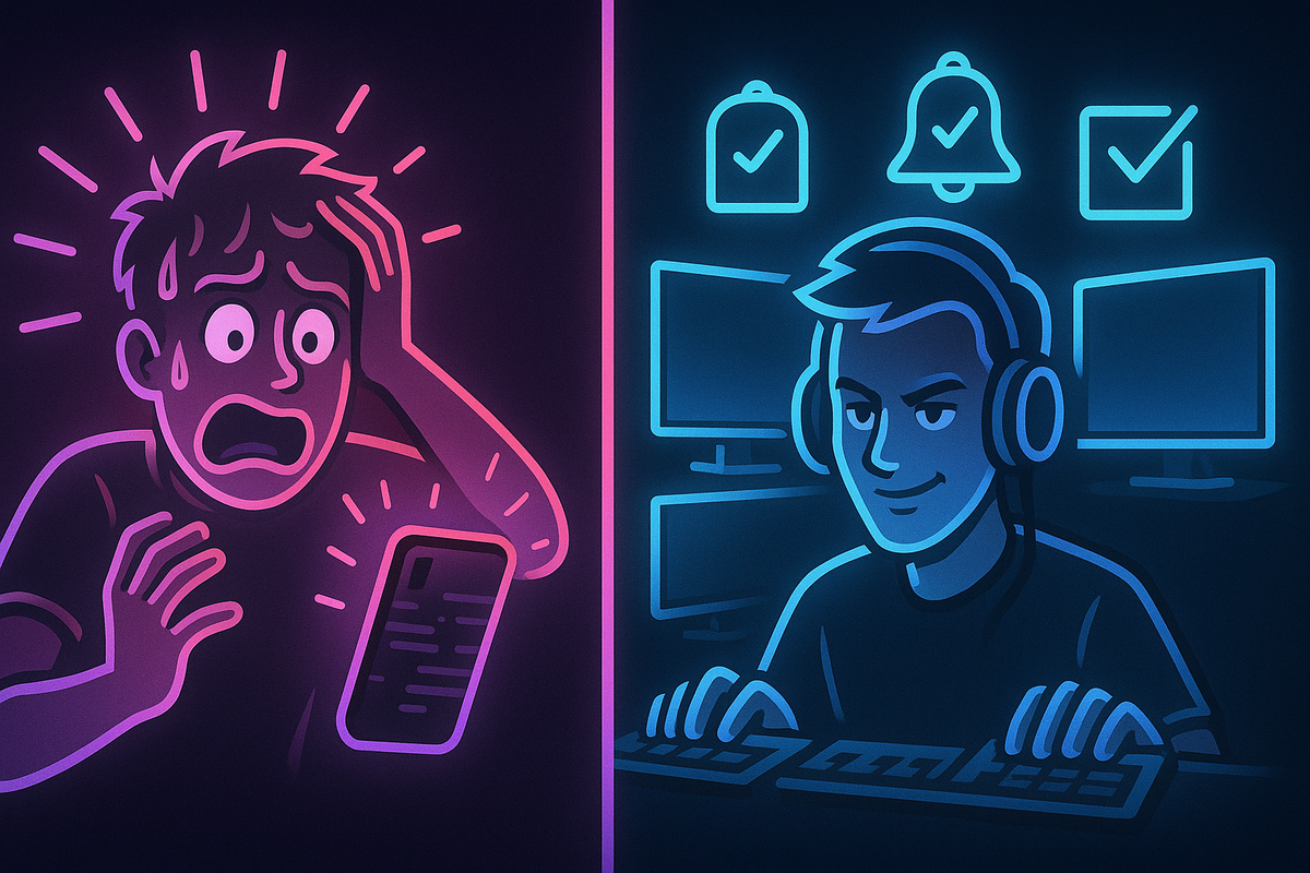Neon split-screen illustration: on the left a panicked buyer sweating over a glowing phone, on the right a cool gamer in headphones calmly typing at multiple monitors with alert icons and checkmarks above—emotional contrast between Switch2 purchase failure and pro-level readiness