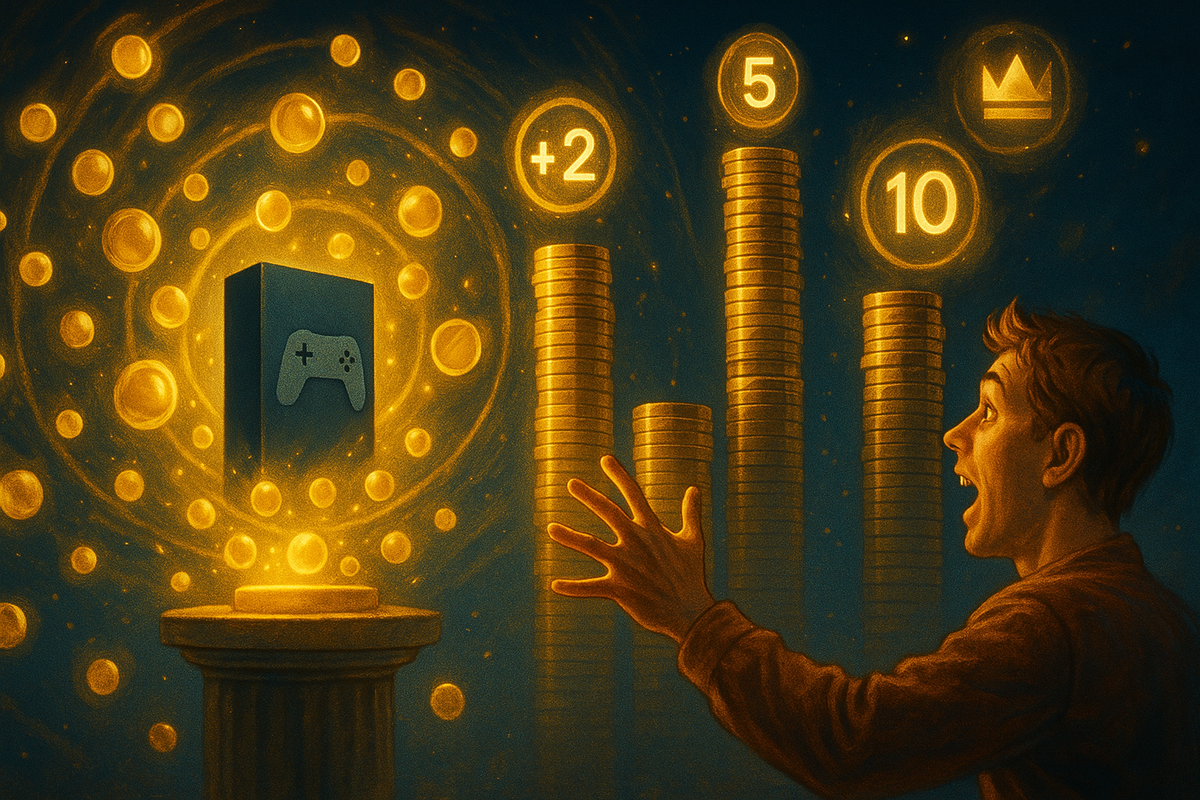Magic golden scene where a game-console box floats on a pedestal, surrounded by swirling glowing orbs and towering stacks of coins labeled with bonus multipliers—Rakuten point alchemy turning a Switch2 purchase into insane rewards, awe, greed, and happy surprise