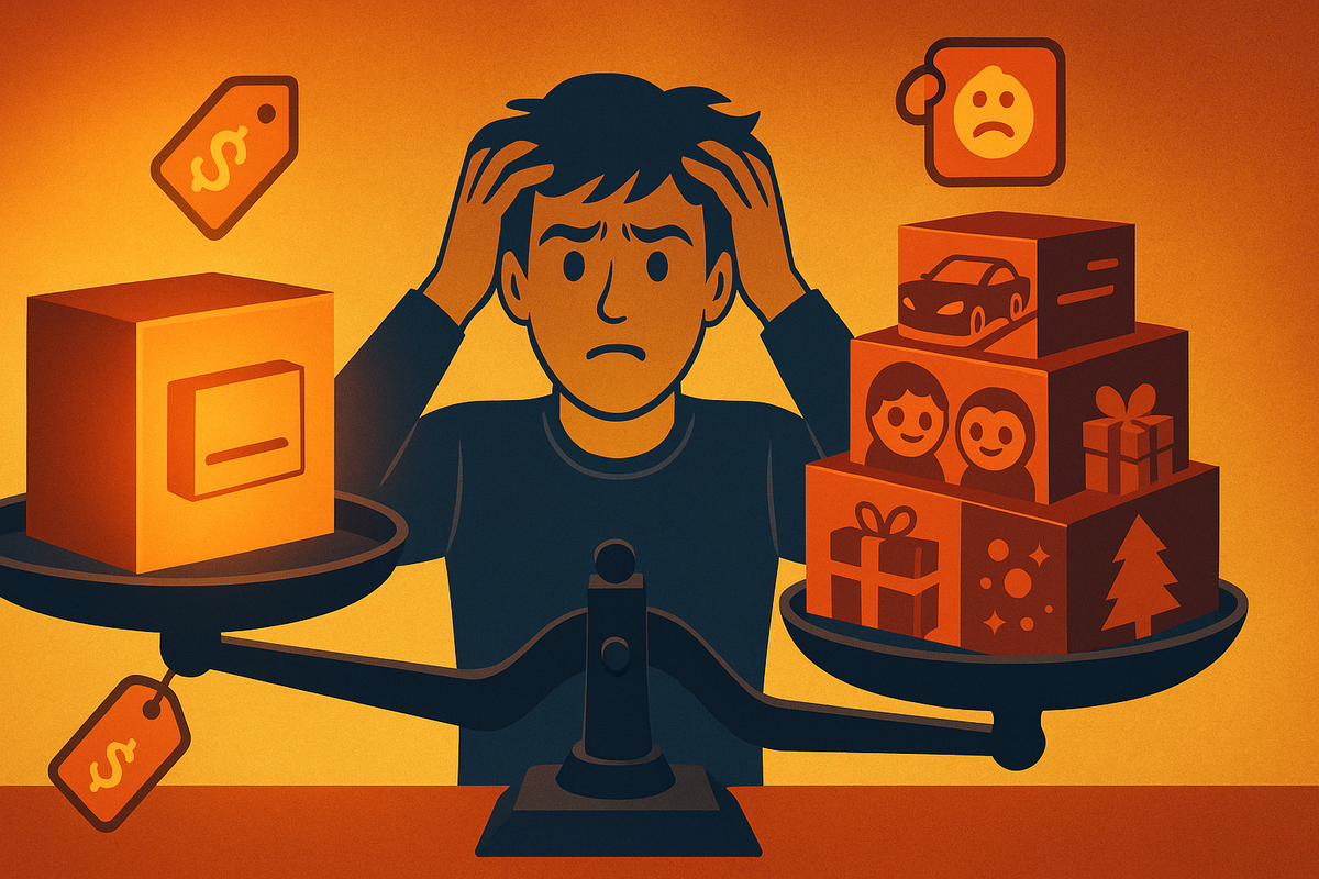 Warm orange illustration of a worried shopper clutching their head as a balance scale tips between a single console box on one side and a stack of gift and family-emoji boxes on the other—torn feelings between buying Switch2 and paying for Christmas, finances, and family priorities